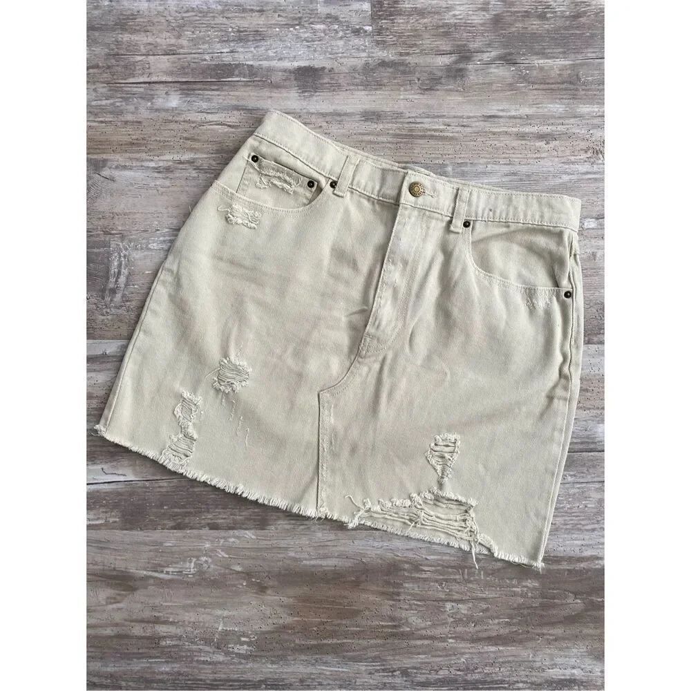 BDG Urban Outfitters Denim Jean Skirt Tan Distressed Women’s Size Large